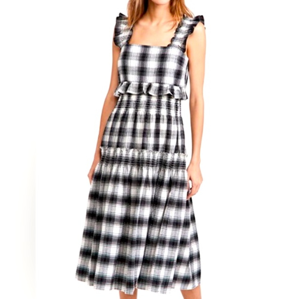 BB Dakota by Steve Madden Gingham Tiered Midi Dress XS Black White Plaid